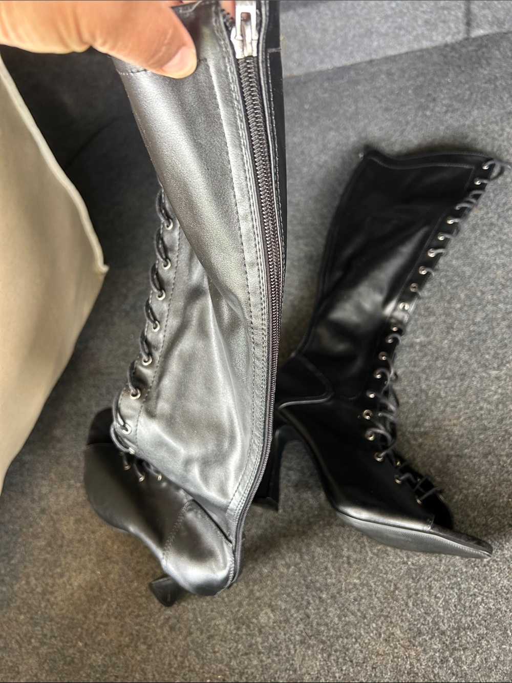 Women's Black Lace-Up Knee-High Heeled Boots - Picture 6 of 6